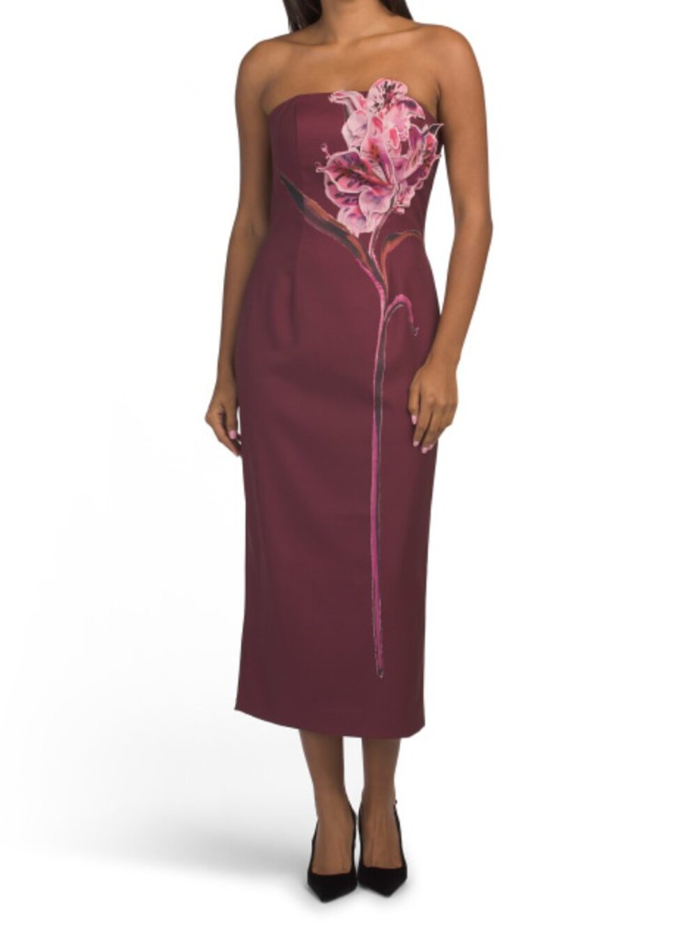 RENE BY RENE RUIZ Burgundy Strapless 3d Floral Tea-length Dress